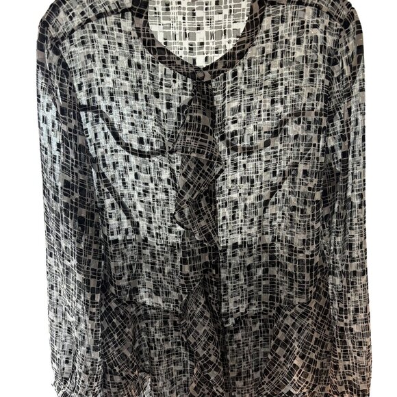 Chicos Black & White Geometric Ruffle Blouse Size 1 = M Sheer Lightweight - Picture 4 of 11